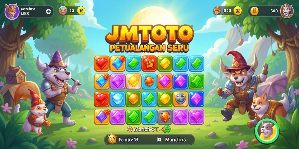 Screenshot JMTOTO menampilkan aksi seru permainan Match-3 yang berwarna.