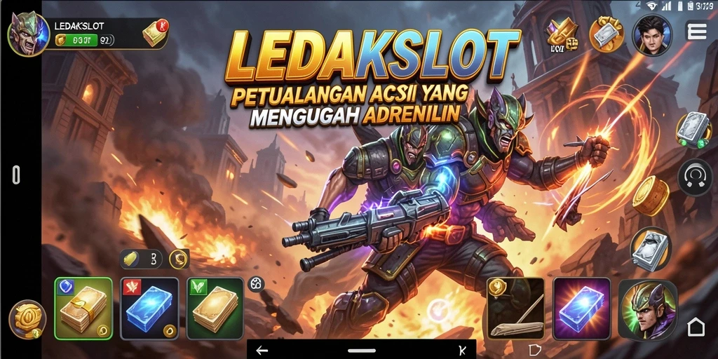 Tampilan aksi seru dalam LEDAKSLOT saat bertarung melawan musuh.
