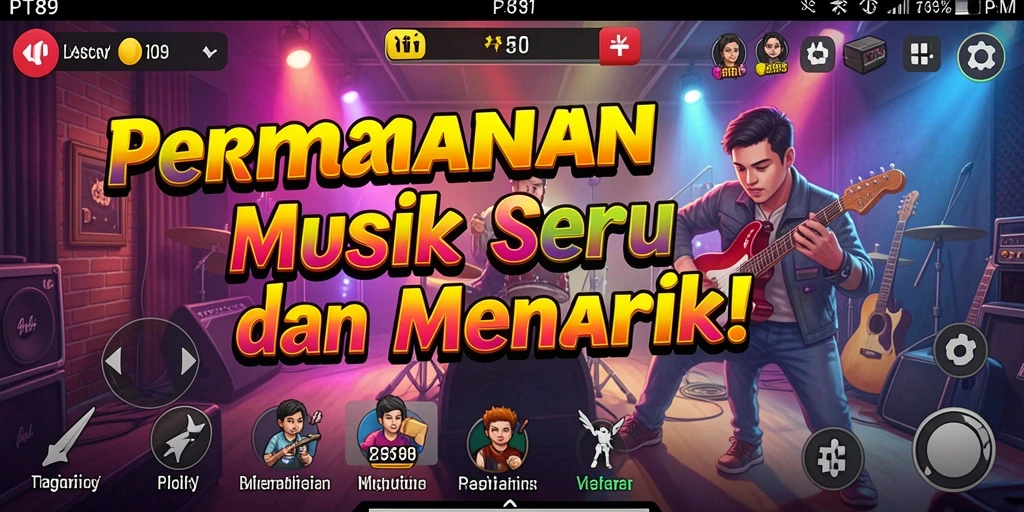 Screenshot PT89 menampilkan antarmuka permainan musik yang penuh warna.