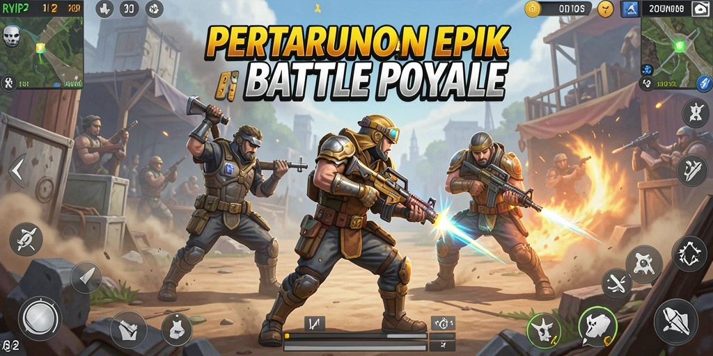 Tangkapan layar <strong>RVIP2</strong> yang menampilkan aksi pertarungan tim di arena luas.