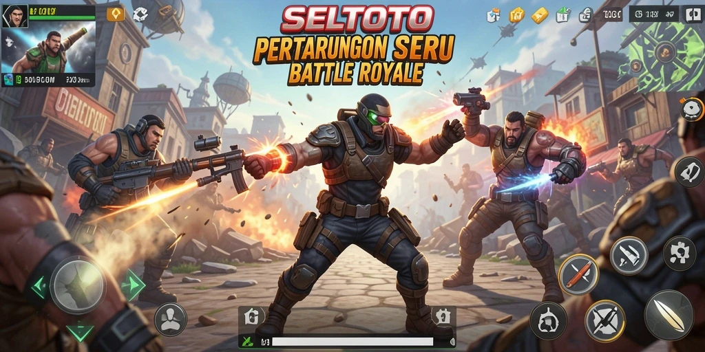 Screenshot gameplay SELTOTO menampilkan pertarungan mendebarkan di arena Battle Royale.