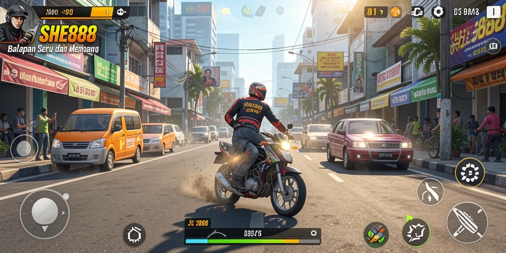 Screenshot utama SHE888 menampilkan aksi balapan mendebarkan.