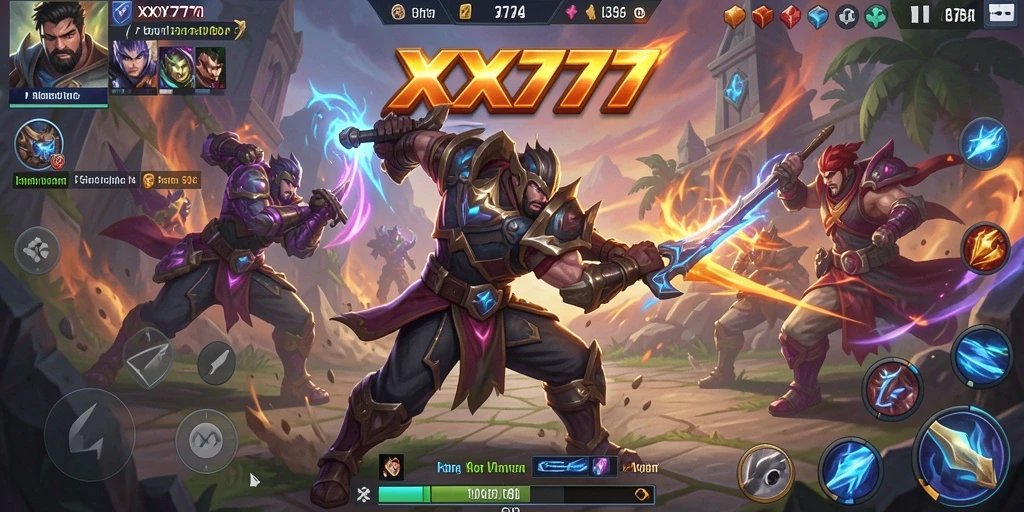 Screenshot XXX777 menampilkan pertarungan seru antara karakter-karakter MOBA.